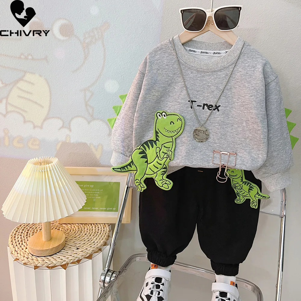 Neue Kinder Baby Frühling Herbst Mode Cartoon Dinosaurier Brief Pullover Sweatshirt Tops mit Hosen Jungen Freizeit kleidung Sets