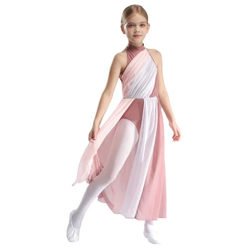Imagen 2 del producto Traje de actuación de danza lírica moderna para niñas, vestido largo dividido sin mangas con bloques de Color para patinaje artístico, gimnasia de Ballet