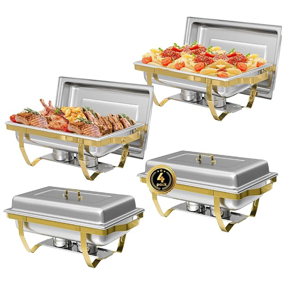 

2/4Pack Chafing Dishes Buffet Set Semi-Gold-Plated Stainless Steel 8QT-9QT Rectangular Buffet Warmer Sets for Catering Party