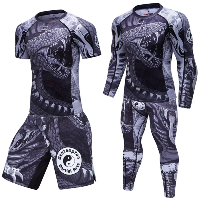 Snake Men MMA Rashguard Jiu Jitsu Jerseys+Pant Set MMA Thair T-shirt Shorts BJJ Boxing 4Pcs/Set Rash Guard Fightwear Sportsuit