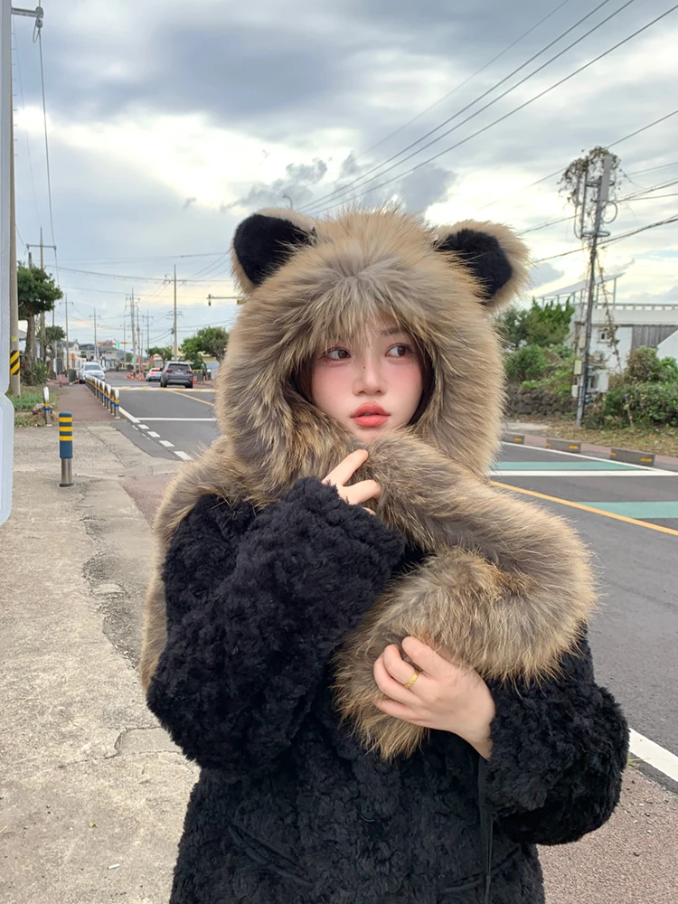 Women's Winter Fox Fur Animal Ear Hat-Scarf Set Faux Fur Knitted Snow Cap Warm Full-Wrap Neck Protection Long Drape Styling Hat