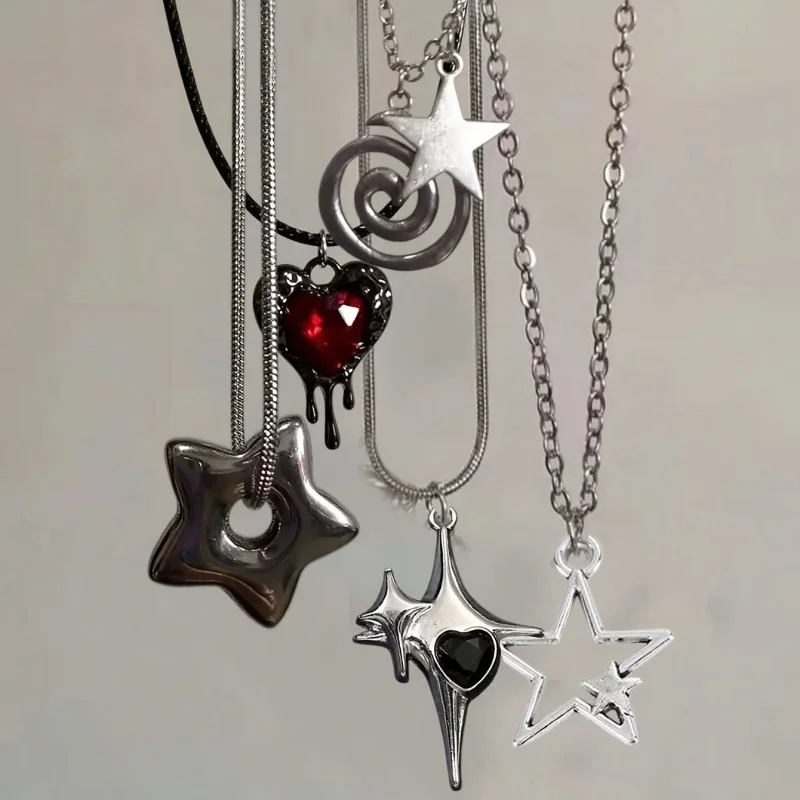 6PcsY2K Necklace Set Drip Red Heart Spiral Four Corners Starry Sky Heart Star Snake Chain Black Wax Rope Stacked Necklace Jewelr