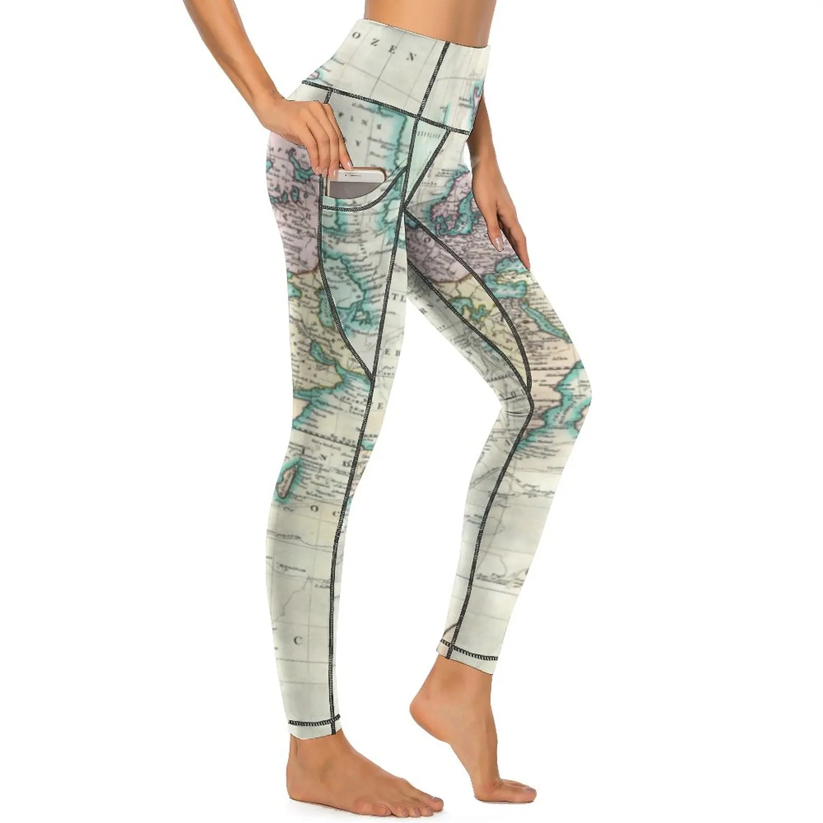 Vintage Map Leggings The World 1801 Print Gym Yoga Pants Women Push Up Vintage Leggins Sexy Stretchy Graphic Sports Tights