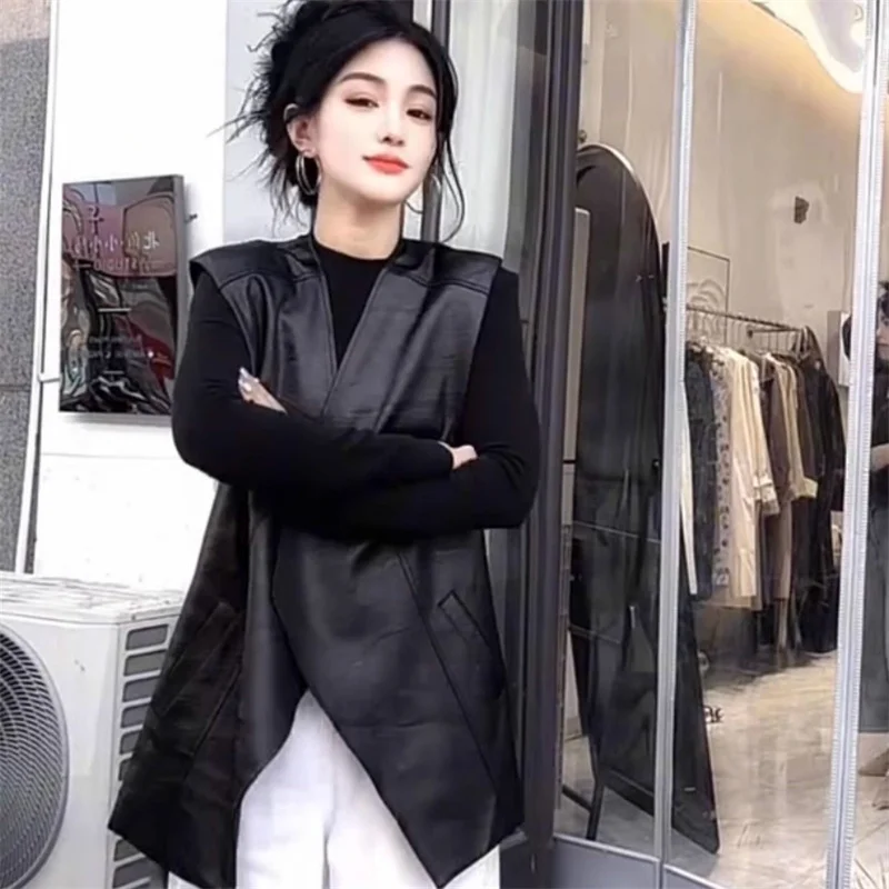 Fashion Loose PU Leather Jacket Vest Female 2026 Spring Autumn New Black Leather Coat Camisole Casual Top Outwear Waistcoat