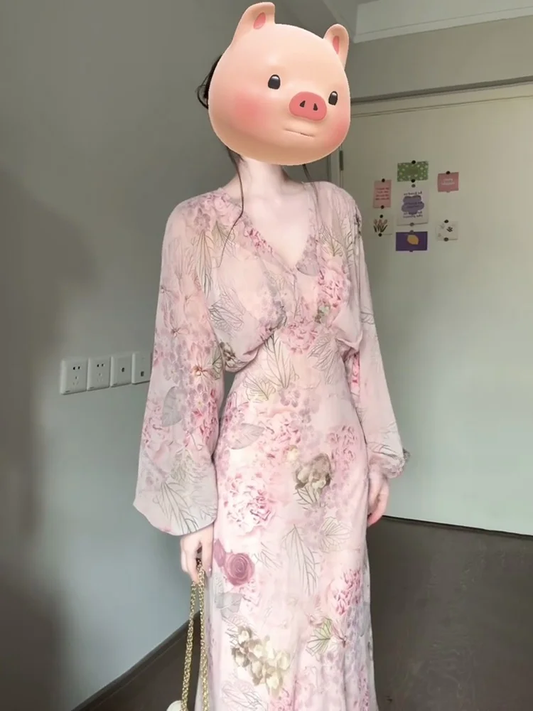 

Uomosi STAZF7 plus Size Women's Gentle Floral Skirt V-Neck Pink Vacation Long Dress French Style High Waist Lantern Sleeve