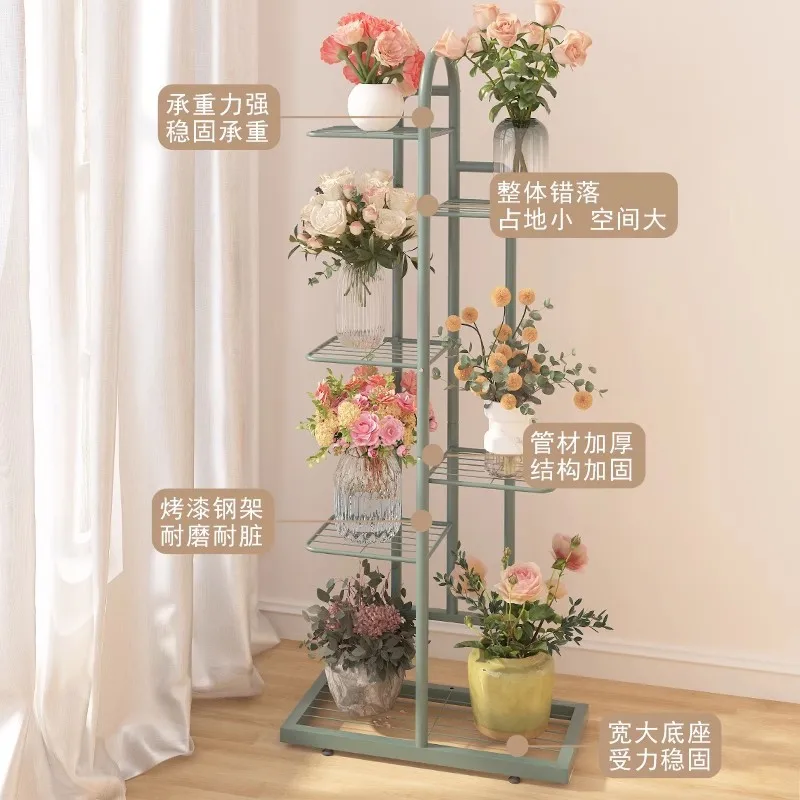 رف زهور للشرفة الداخلية والشبت الأخضر وأرضية متعددة الطبقات مع عجلات رف زهور حديدي مزورة لغرفة المعيشة رف أحواض زهور بسيط