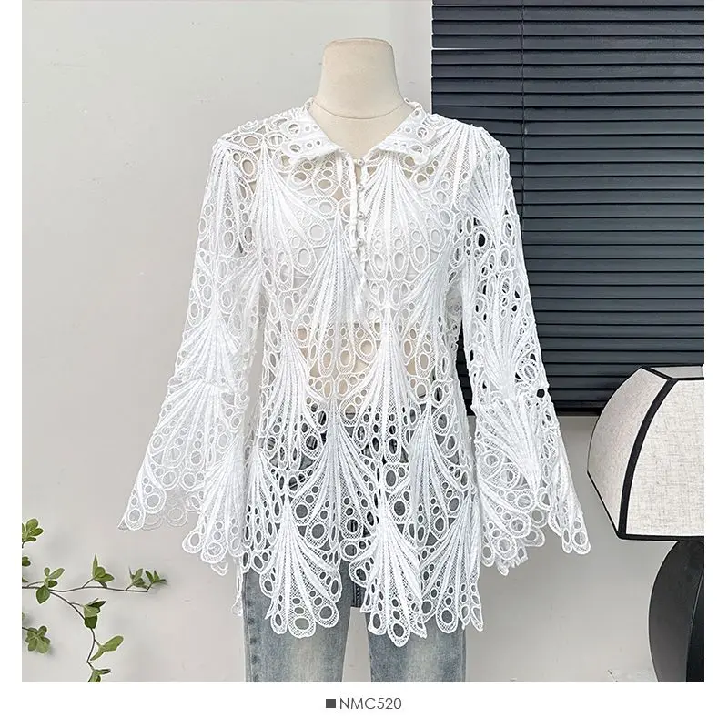 

French Hollowed Long-sleeved Shirt for Women Cardigan Spring New Loose Lace Design Long-sleeved Blouse Top Female Clothes