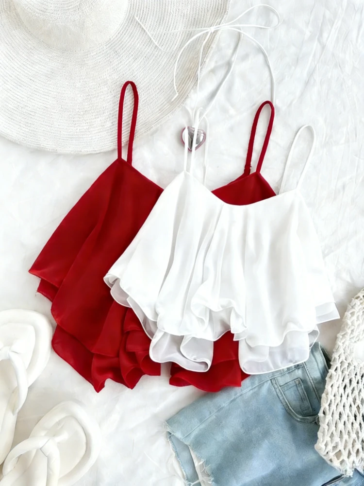 

Женский повседневный шифоновый укороченный топ на тонких бретельках с рюшами, летняя легкая свободная блузка без рукавов для вечеринок
