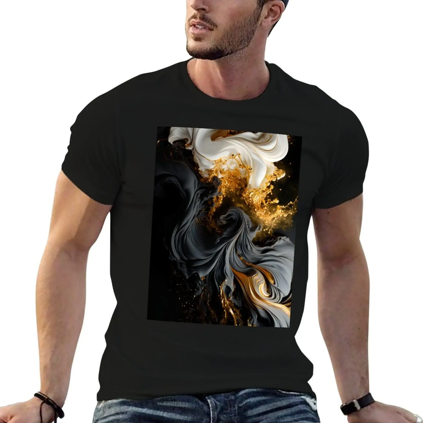 White, Gold & Black Abstract Glamor Cosmic Contrast T-Shirt baggy shirts street wear summer tops Men's t-shirt