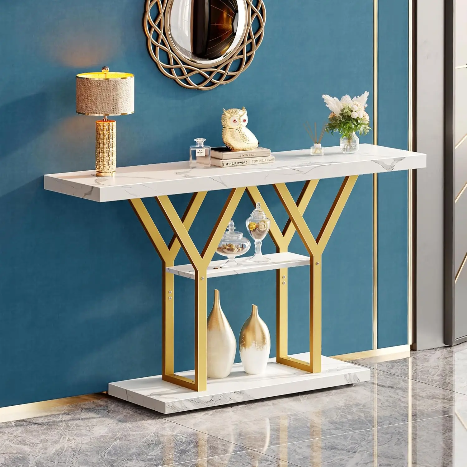 

47.2 Inch Entryway Table with Marble Top, Industrial Console Sofa Table, 3 Tier Accent Table, for Entry, Hallway, Entrance,Foyer