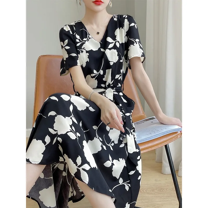 Ele Silk Floral Print Maxi Dr Women's ort Sve Waist-Cinching Korean Sle V-ne A-line Summer New Arrival