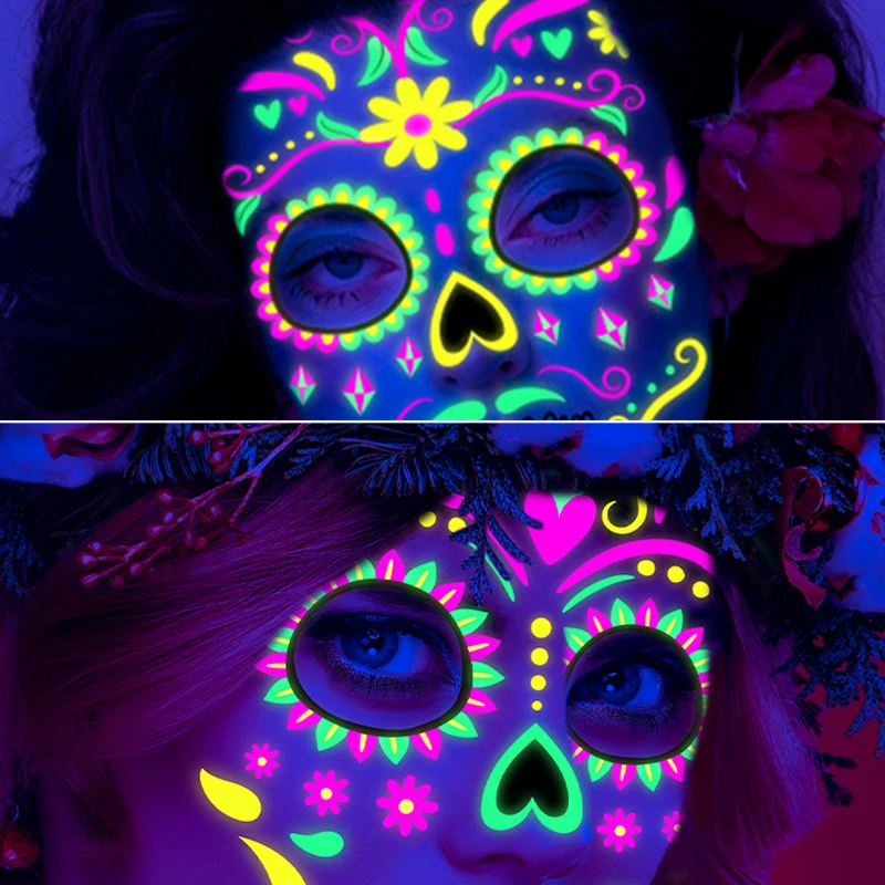 Halloween Stickers Day of the Dead Fluorescent Print Temporary Tattoo Neon Party Festival Face Night Bar Decoration Waterproof