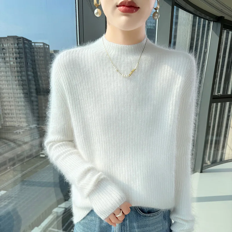 Sweater rajutan wanita 100% kasmir bulu mink, lengan panjang, slim fit, serbaguna, untuk musim gugur dan musim dingin, model baru dengan kerah O.