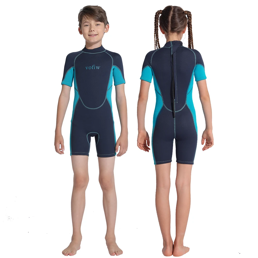 Children\'s 3MM Neoprene Shorty Wetsuit Back Zipper Surfing Snorkeling Swimming Suit Short Sleeves Boys Girls Kids Swimwear