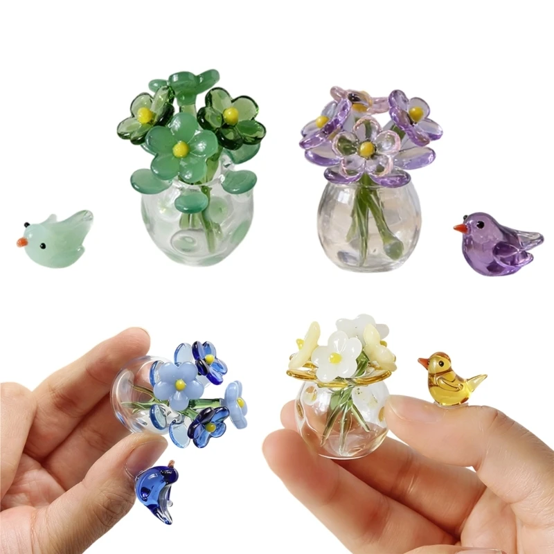 E28F Crystal  Forget Me Not Flower Figurines Crystal Glass Flower Bouquet Desktop Decoration Ornament for Home Office Decors
