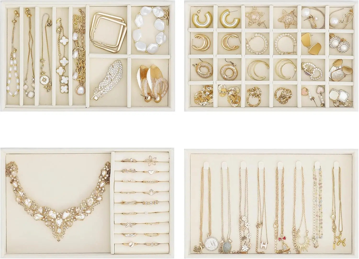 

Stackable Jewelry Organizer Trays with Removable Dividers, 4-Layer Cream Beige Drawer Storage for Earrings Necklaces Rings