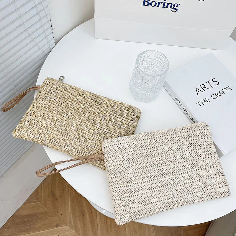 Summer Beige Straw Clutch Bag, Herringbone Weave Wristlet Strap, Boho Aesthetic, Perfect for Beach Trips Casual Summer Events. view 5