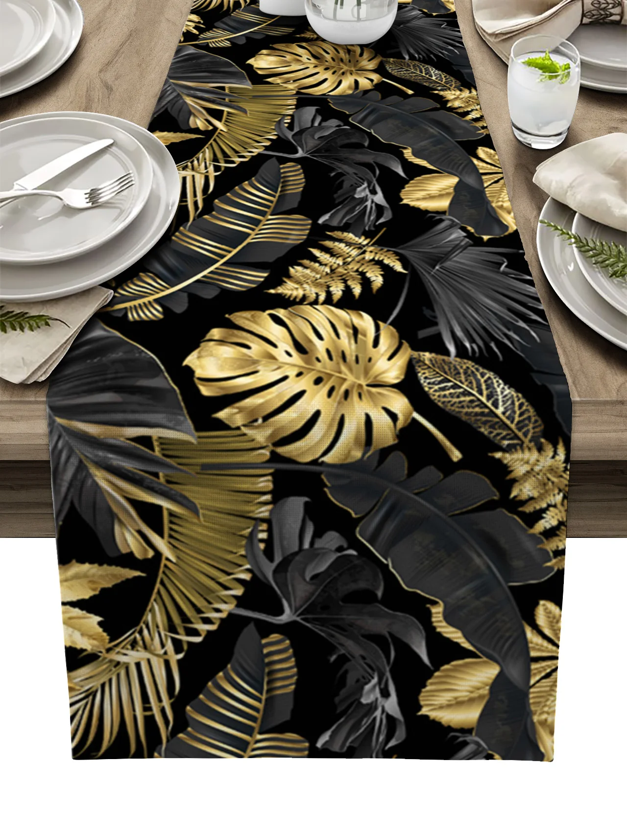Golden Leaves Black Background Linen Table Runners Kitchen Decoration Washable Farmhouse Wedding Party Decor