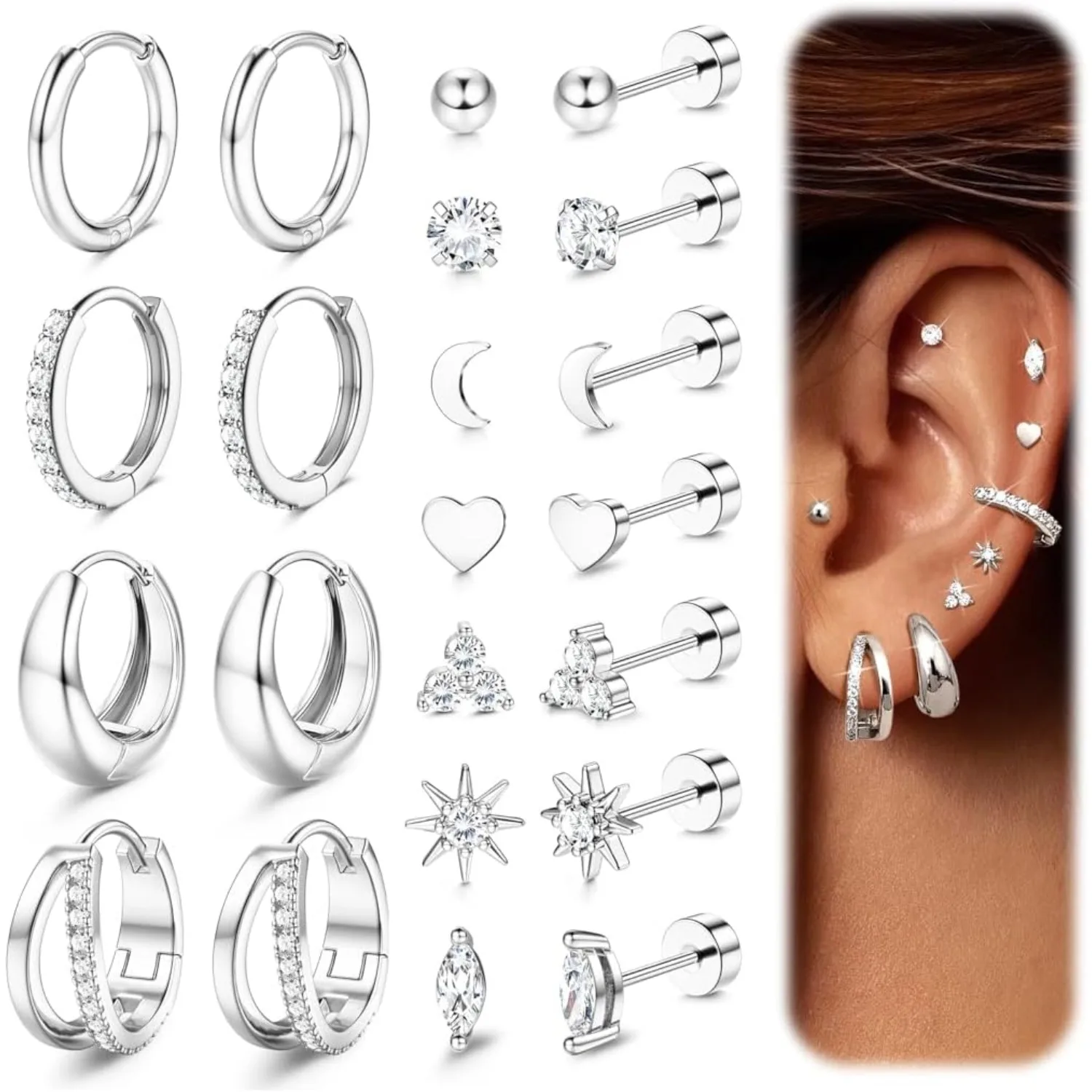 Bobisty 11 Pairs Surgical Steel Suds Earrings for Women Men 20G Flat Back Cartilage Stacks Studs Helix Multiple Piercing Jewelry