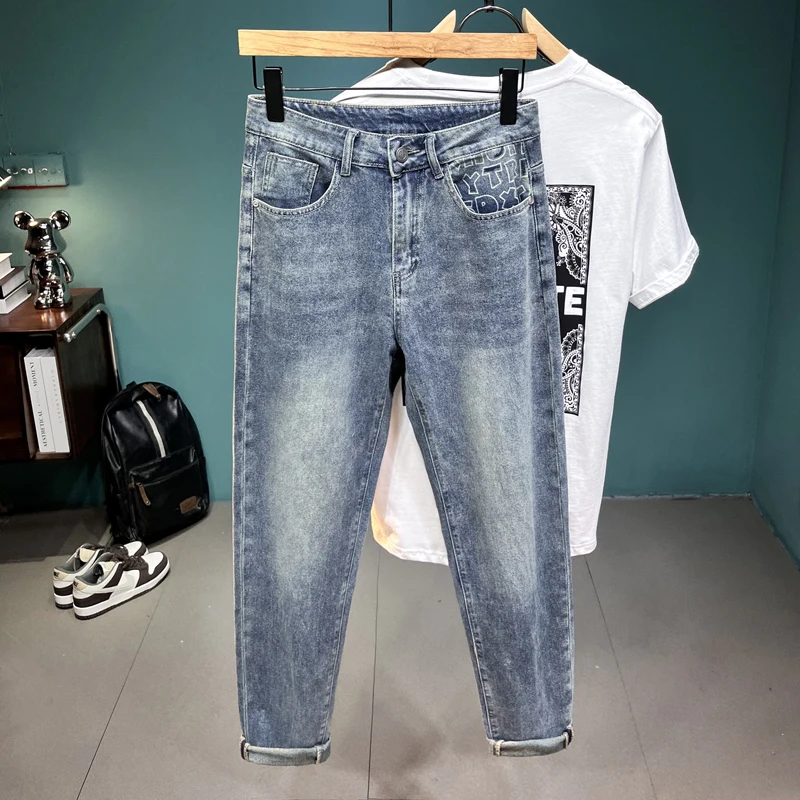 Trendy Printed Jeans Men's 2024 Spring Summer Korean Style Versatile Straight Tapered Pants Stretch Slim Fit Skinny Pants