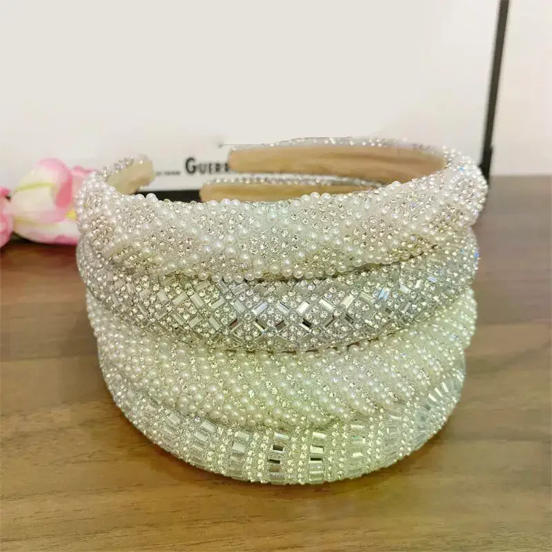 

Baroque Vintage Pearl Glass Beads Bow Headband Fashion Hairbands Full Rhinestone Sponge Hair Band Hair Accessories