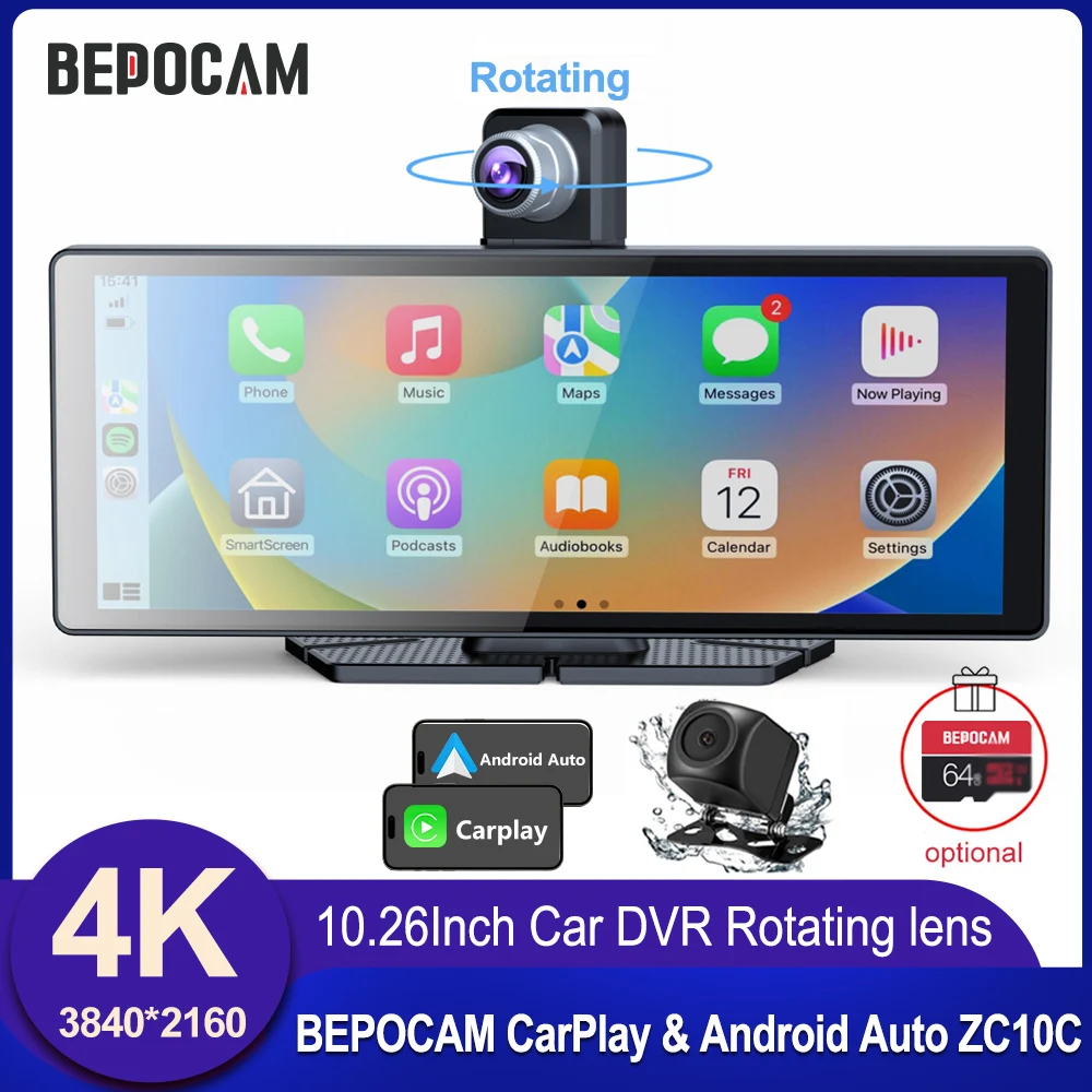 

BEPOCAM 10,26-дюймовый видеорегистратор 4K, автомобильный видеорегистратор, беспроводной Carplay и Android, авто GPS-навигация, видеорегистратор, приборная панель, двойной объектив, Wi-Fi FM AU