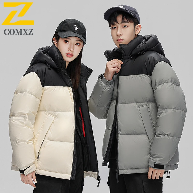 COMXZ Unisex Down Jacket Leisure Splicing Hooded Outdoor Travel Thickened Warm Parka Premium Snow Cold Resistant Puffer Coat
