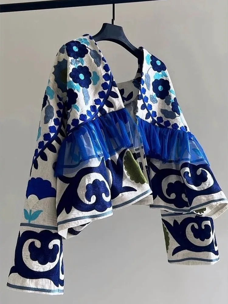 

Открытый кардиган с синим принтом, женская модная праздничная верхняя одежда, дышащее пальто из полиэстера с v-образным вырезом, длинное пальто обычного кроя све