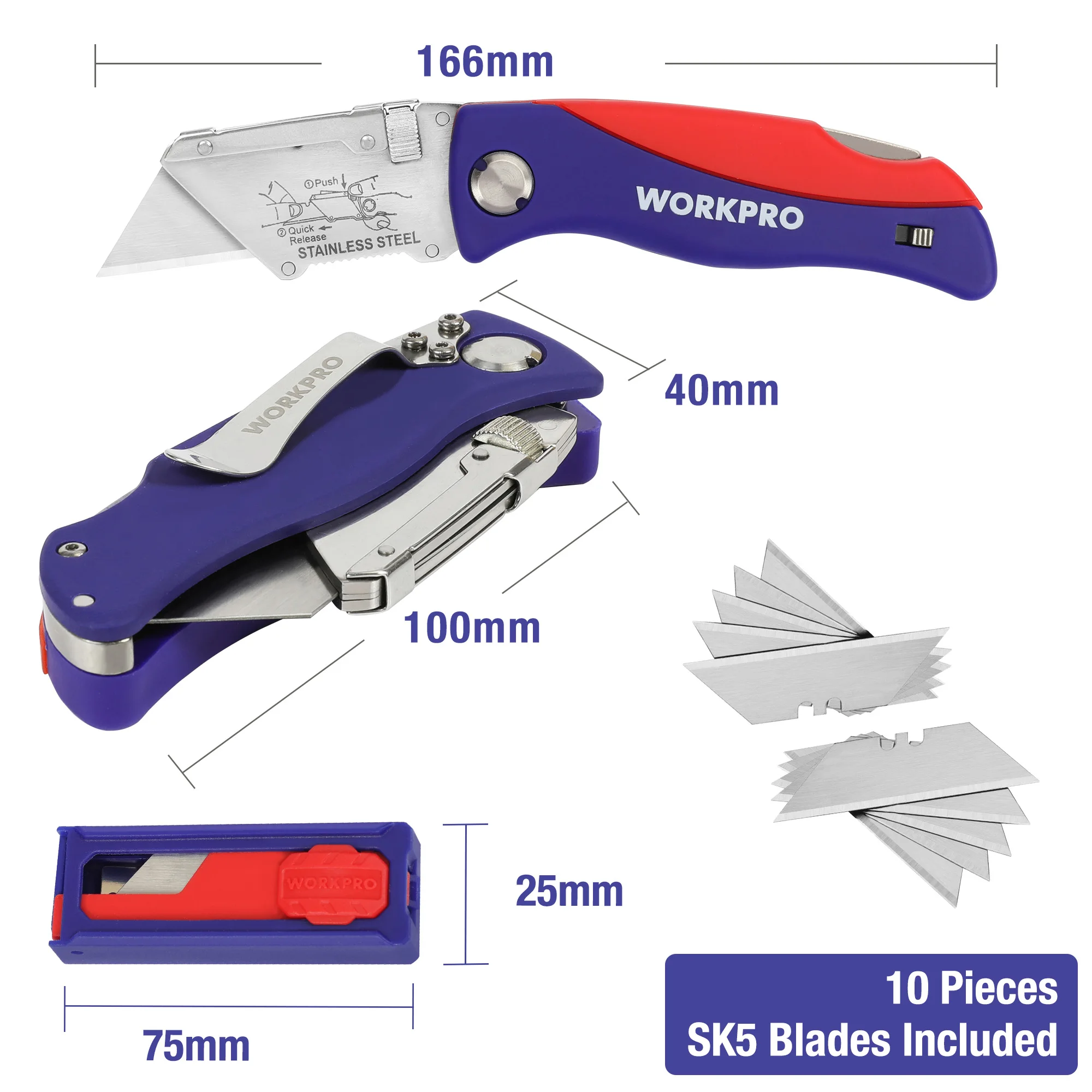 WORKPRO Utility Knife With 10 Blades Heavy Duty Stainless Steel Outdoor pocket Folding Knife