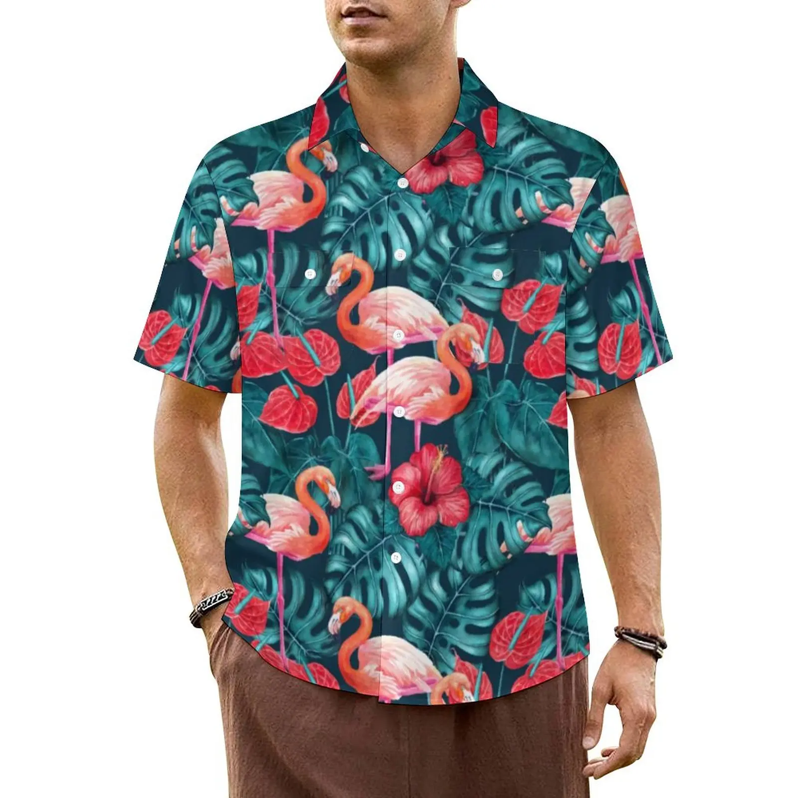 

Flamingo Birds Hawaii Shirt Men Vacation Tropical Garden Casual Shirts Short Sleeve Fashion Design Classic Plus Size Blouses