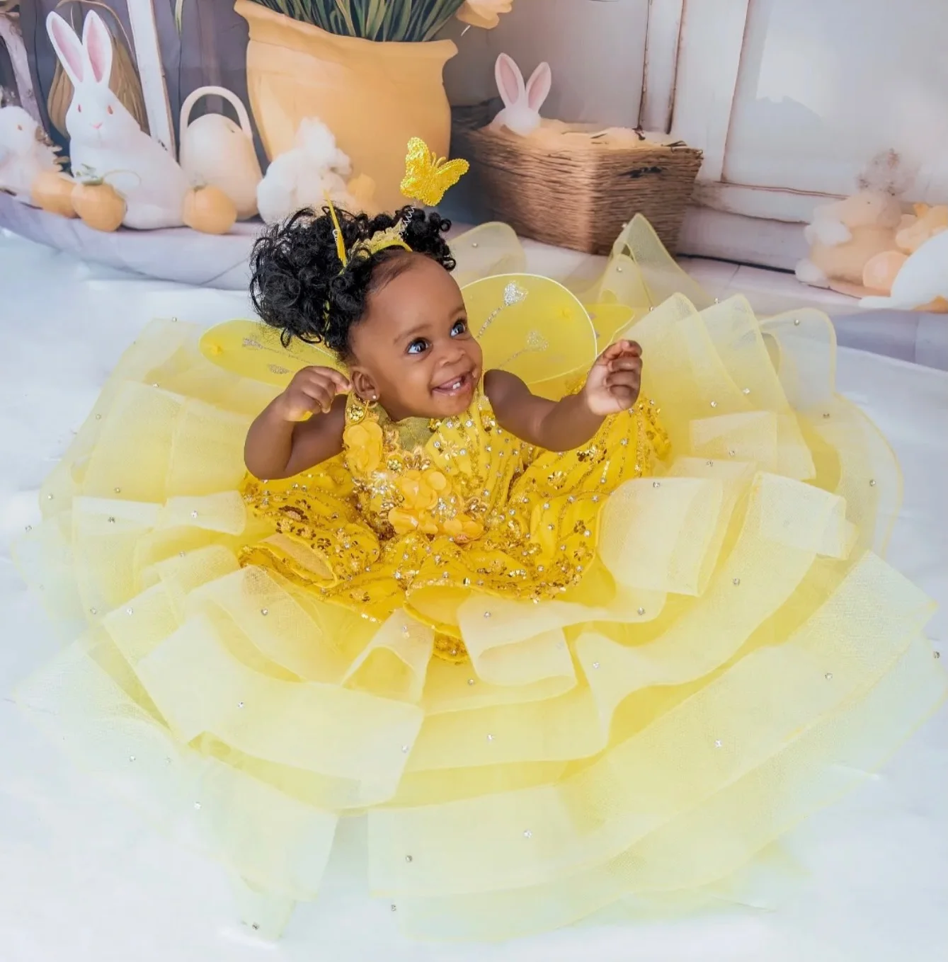 Litter princesa vestido de festa de aniversário amarelo vestido de baile crianças vestidos de meninas de flor para casamento crianças bebê menina photoshoot vestidos