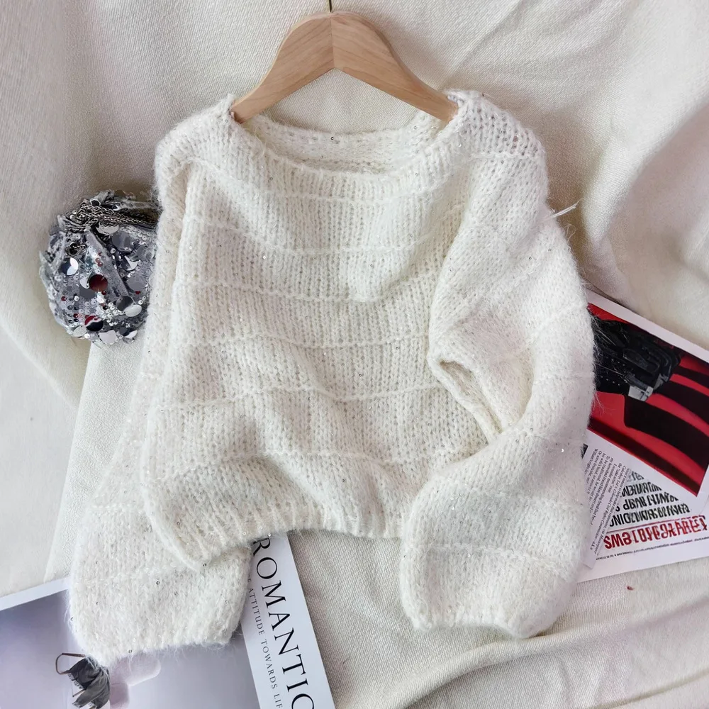 

Женский свитер в корейском стиле, модный вязаный пуловер с открытыми плечами и круглым вырезом, женский осенне-зимний 2025