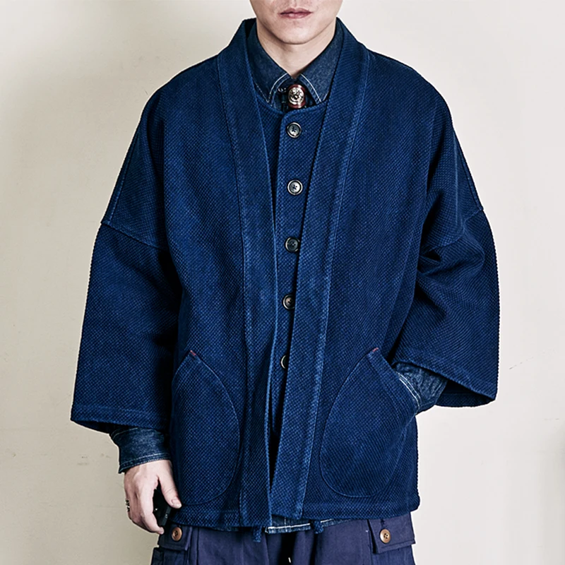 Vintage Heavy Weight Indigo Jacket Men Cotton Kendo Fabric Suit Autumn Male Blue Dyed Loose Pockets Casual Jacket Cardigan Coat