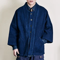 Vintage schwere Indigo Jacke Männer Baumwolle Kendo Stoff Anzug Herbst männlich blau gefärbt lose Taschen lässige Jacke Strickjacke Mantel