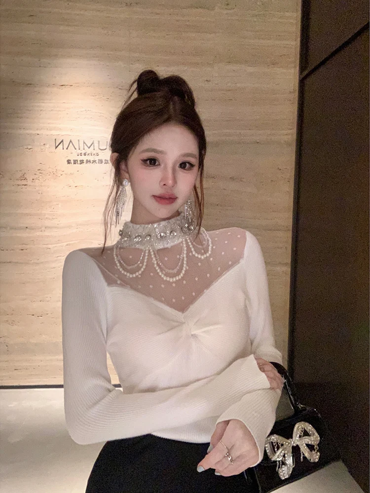 

Корейские модные осенне-зимние свитера со стразами, женские свободные пуловеры с круглым вырезом и длинными рукавами, вязаные топы