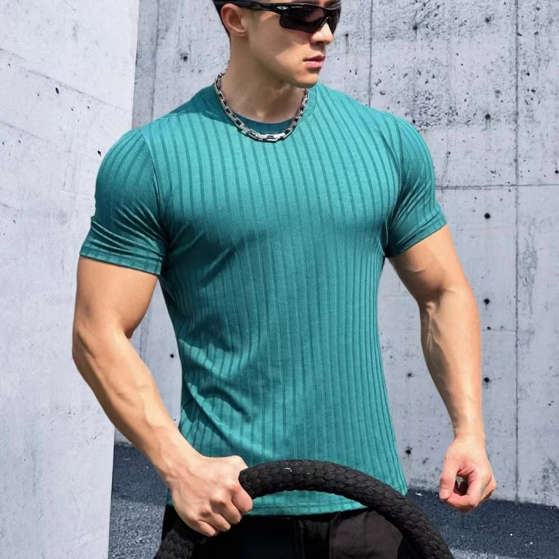 Round Collar elasticity Fitness T-shirt Summer Sports Short sleeved Loose T-shirt Fashion Stripe       running Top Men T-shirt