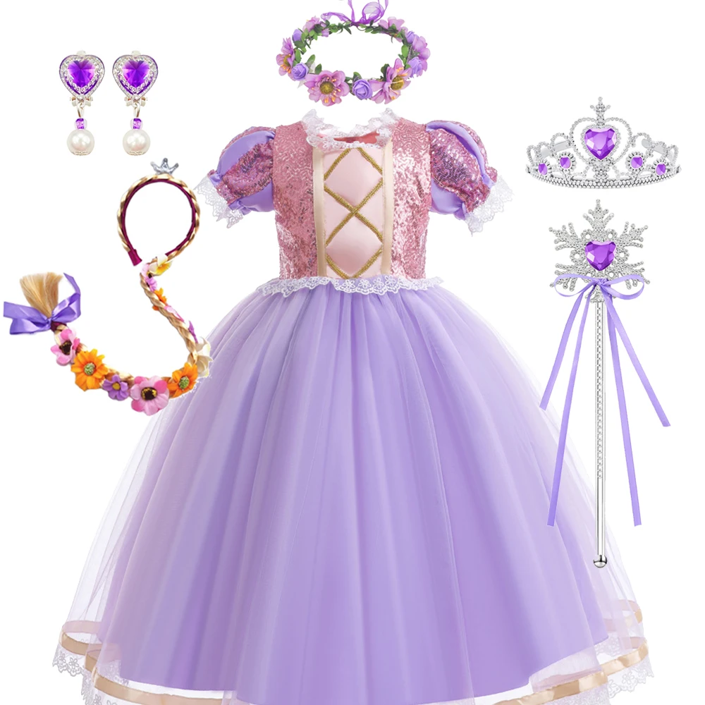 Rapunzel Cosplay Prinzessinnenkleid für Kinder, Halloween-Verkleidung mit Kurzen Ärmeln, Aufführungskostüme, Mädchen Geburtstags- und Karnevals-Party-Outfits – Detail 8
