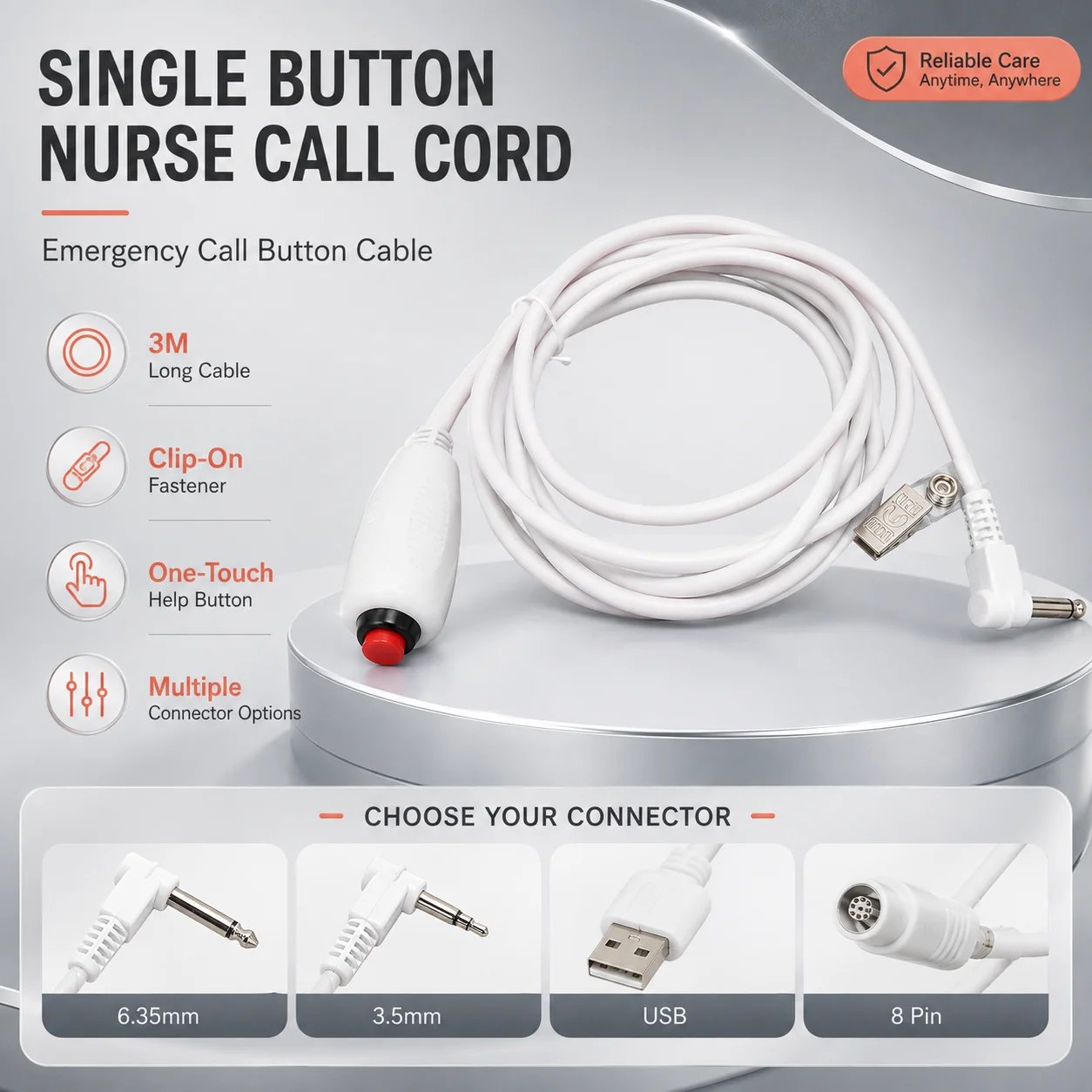 Single Button Nurse Call Cord 3M Emergency Patient Call Button Cable with Clip 8 Pin Connector for Hospital Home Care
