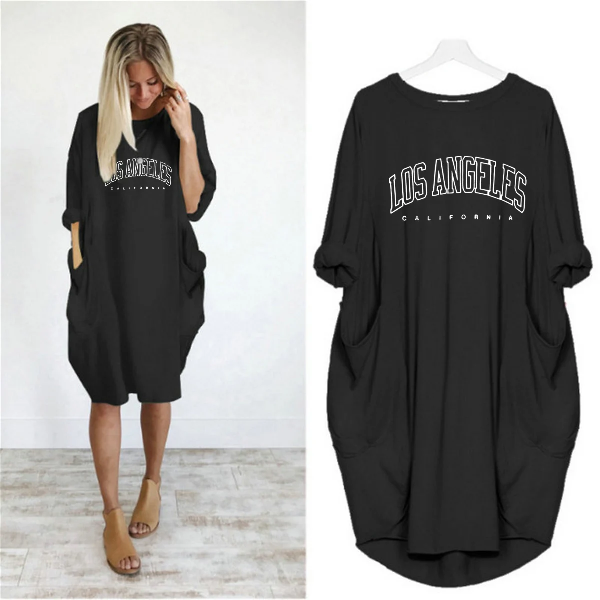 Women's Summer Loose LOS ANGELES Letter Print Round Neck Long Sleeve Pockets Comfortable Casual Plus Size Dress