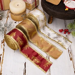 Christmas Wired Ribbons Delicate Gold Leaves Pattern Ribbons Gift Wrap Bow Handmade DIY Craft Christmas Wedding Party Decoration