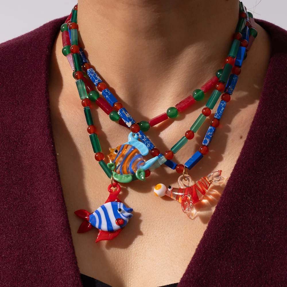 Polychrome Transparent Resin Glass Fish Necklace Unique Beads Chain Lobster Pendant Necklaces Daily Wear Trendy Jewelry 2026 New