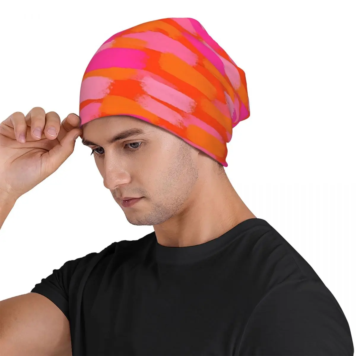 Abstract, Pink And Orange, Paint Brush Effect Unisex Adult Beanies Caps Knitted Bonnet Hat Warm Autumn Winter Skullies Hats