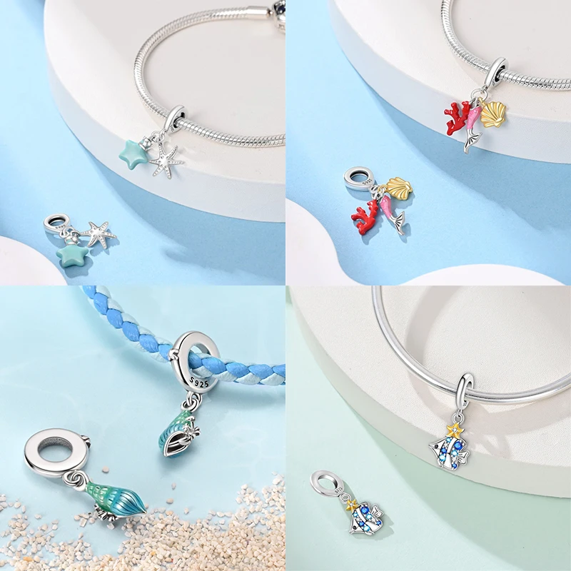 

925 Sterling Silver Charms Sea Shell Starfish Dolphin Beads Fit Bracelet Necklace Bead Jewelry Making Fine Jewelry Gift