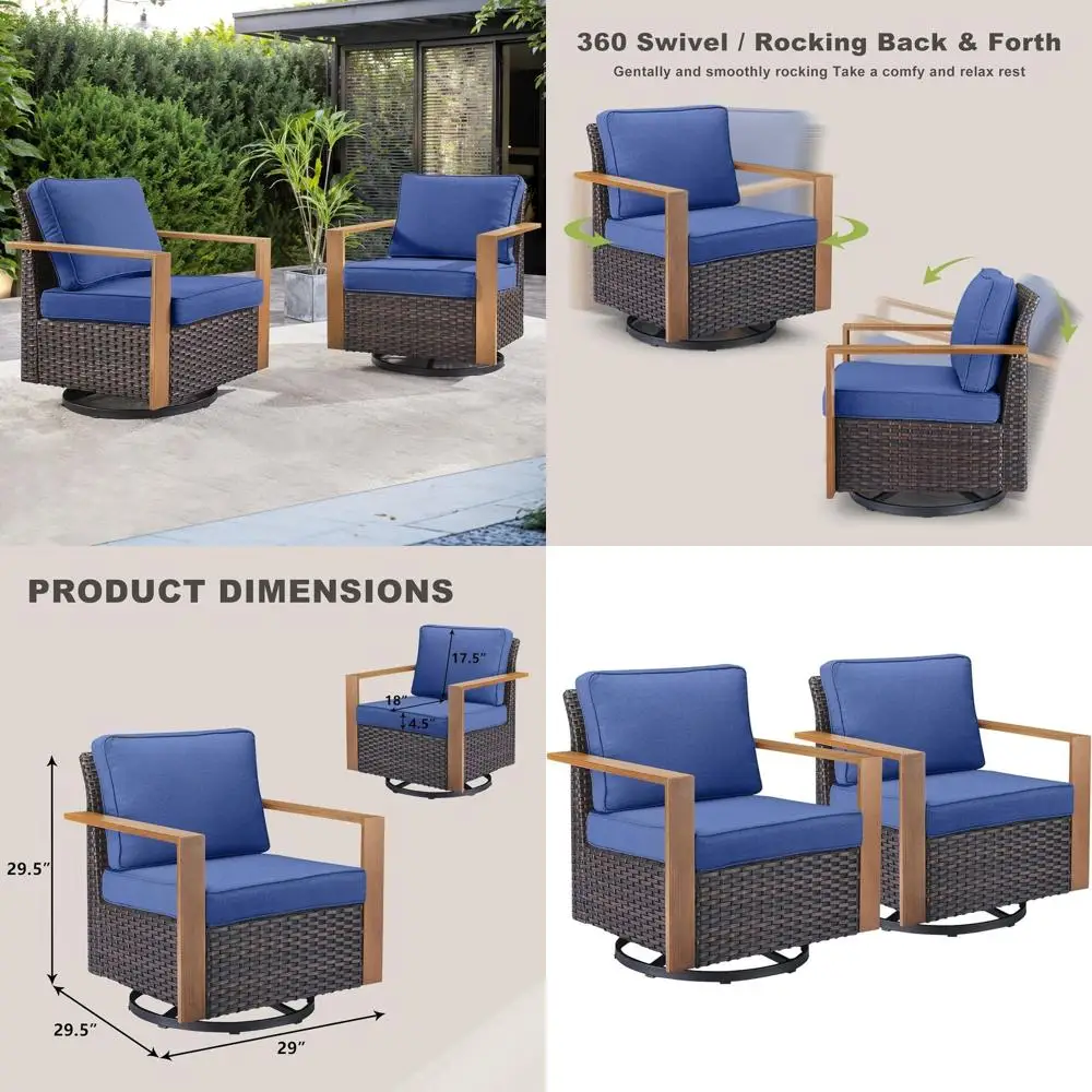 

Wicker Swivel Rocking Chairs Set of 2 with Metal Armrests, Cushions for Patio, Deck, or Garden (Brown/Blue)