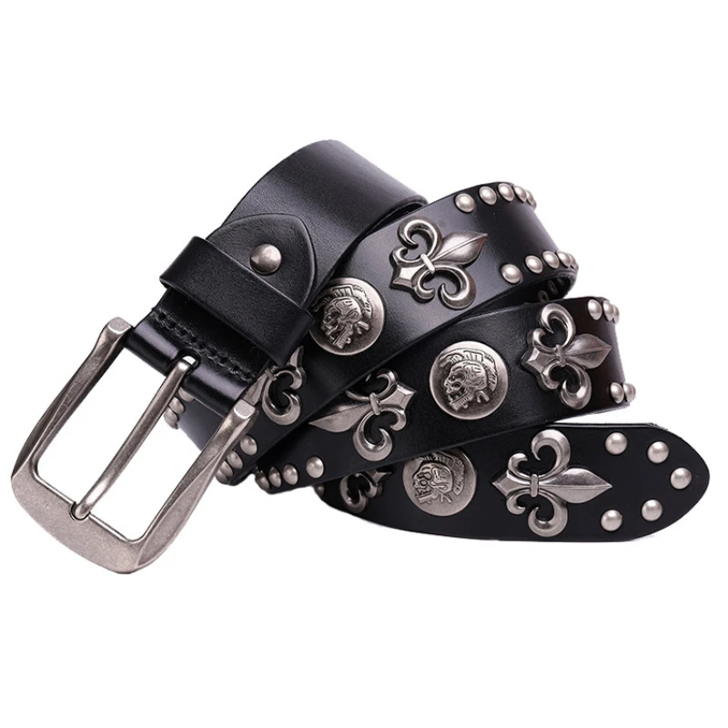 

Trendy top layer cowhide leather belt, universal needle buckle metal belt for men and women, hip-hop punk rivets