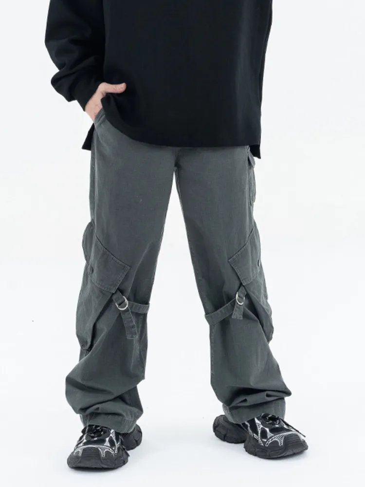 HKSH خريف شتاء جديد الرجال فاسق غسلها جيوب الرجعية الرباط السراويل Ins مستقيم عادية سفاري نمط واسعة الساق وزرة HK14472