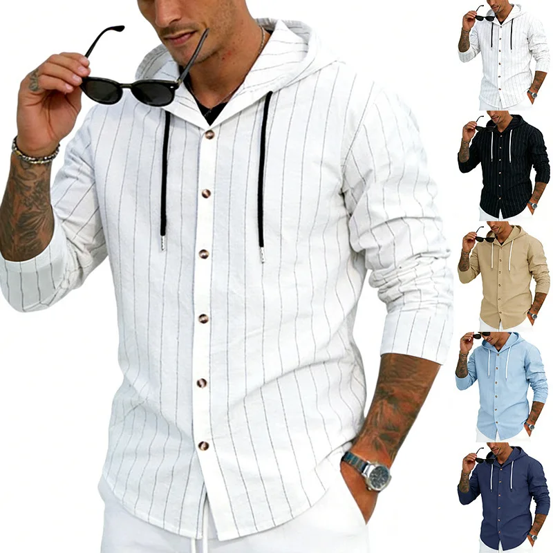Men's Spring New Vertical Stripe Casual Long Sleeve Shirt Hooded Drawstring Linen Cardigan Trend Loose T-Shirt
