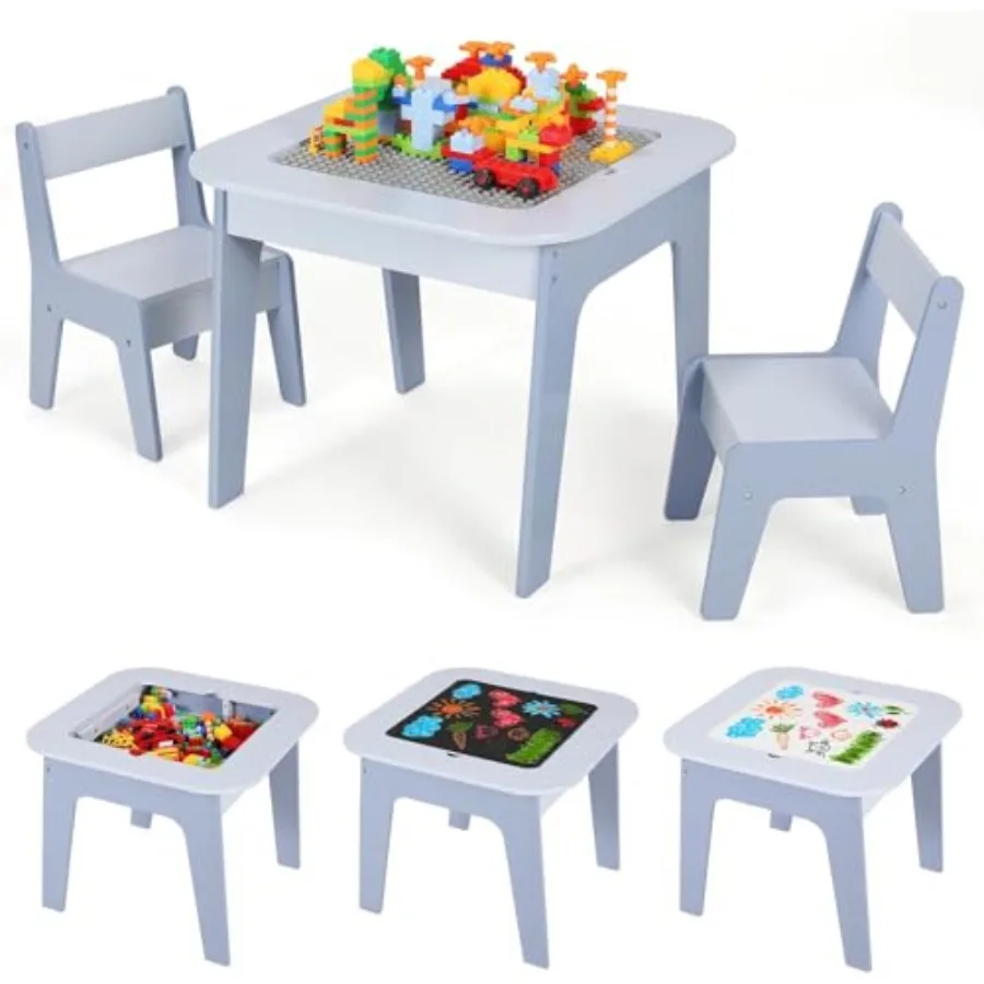 

4 in 1 Activity Table with Storage Building Blocks Board Reversible Wooden Toddler Table and Chairs Sensory Desk Graffiti Black