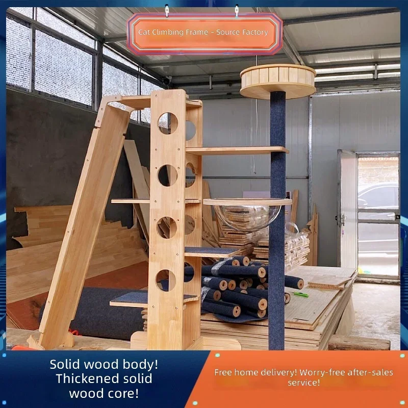 #Large Solid Wood Cat Tree with Sisal Wrapping, Multi-Tier Perches, Observation Deck & Space Capsule Design, Slide Included