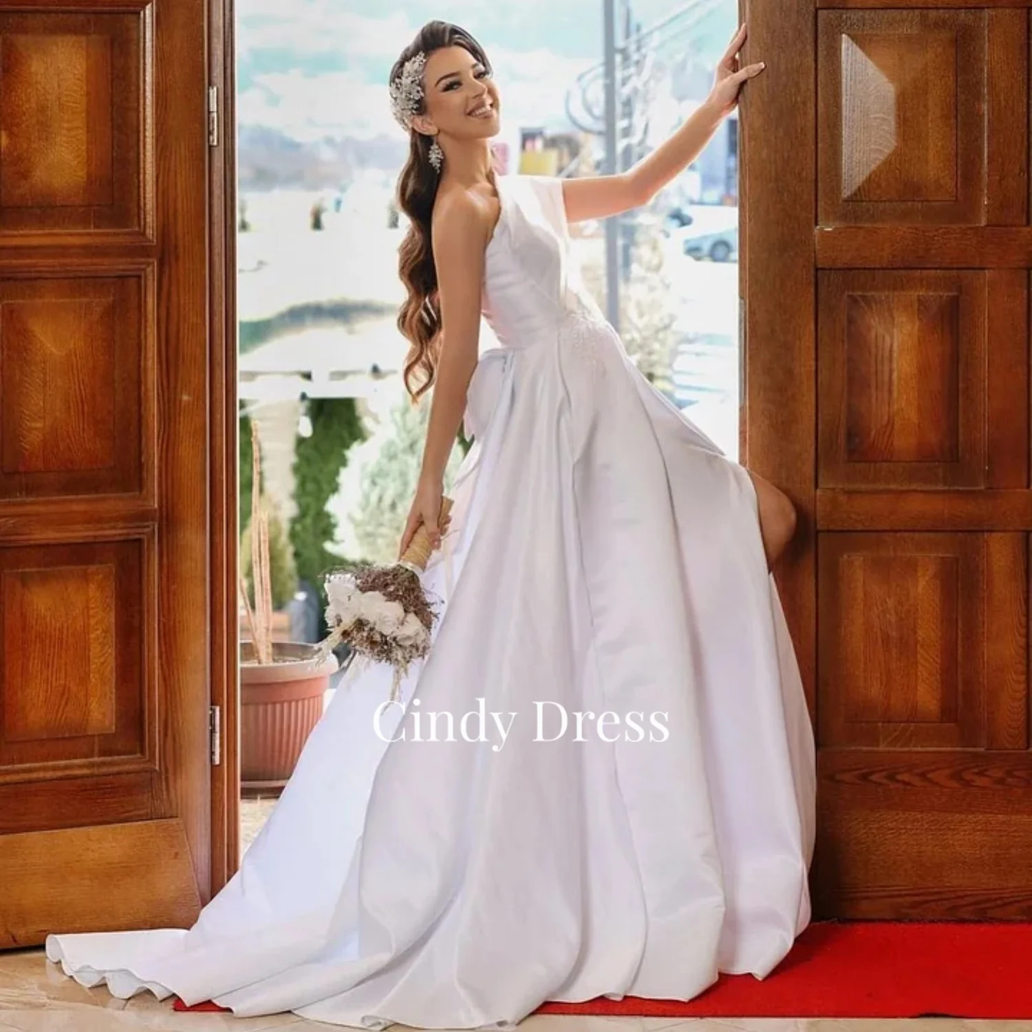 

Cindy White Satin A-line Wedding Dress One Shoulder Long Tail Evening Dresses Luxury 2023 Chic Elegant Women's Prom Party Gala